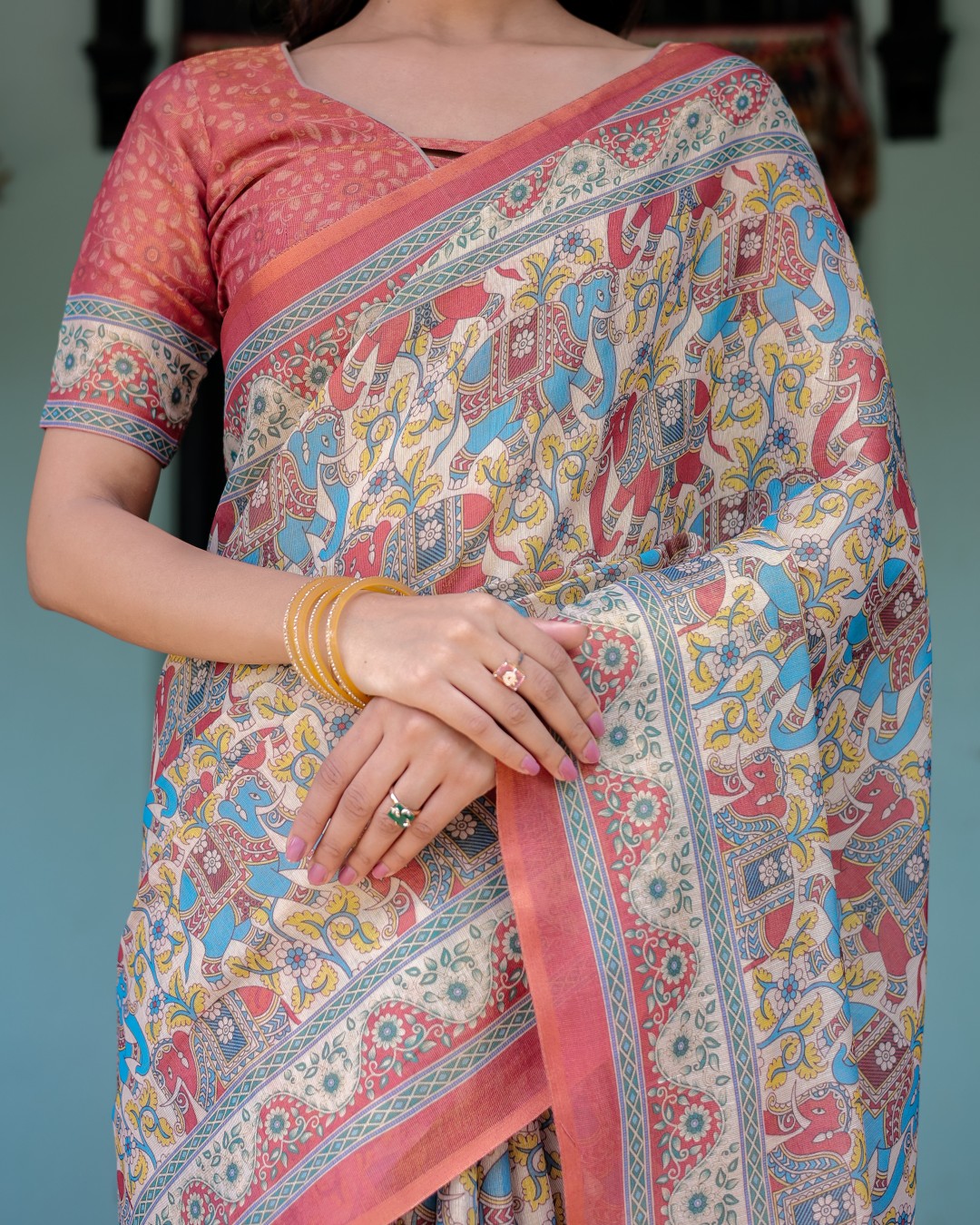 Handloom Cotton Saree with Floral Vine Print & Mythical Madhubani Cow Pallu(Pack of 1)