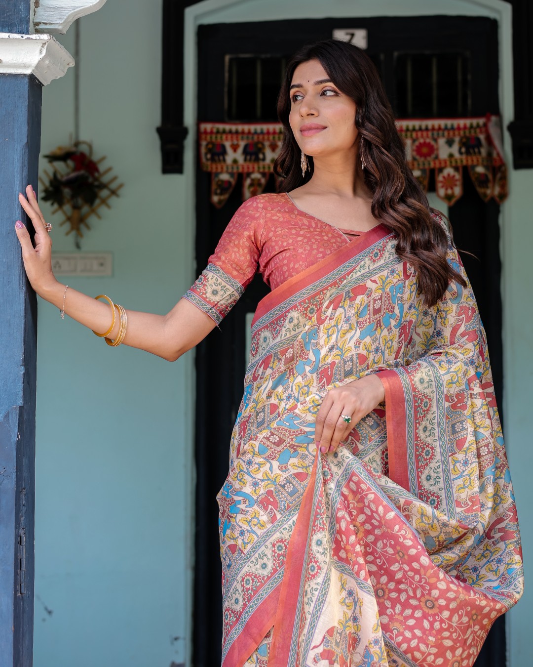 Handloom Cotton Saree with Floral Vine Print & Mythical Madhubani Cow Pallu(Pack of 1)