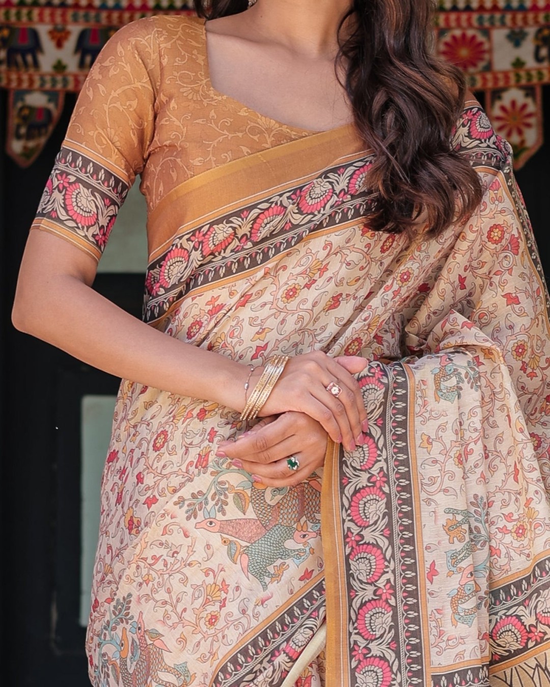 Handloom Cotton Saree with Floral Vine Print & Mythical Madhubani Cow Pallu(Pack of 1)