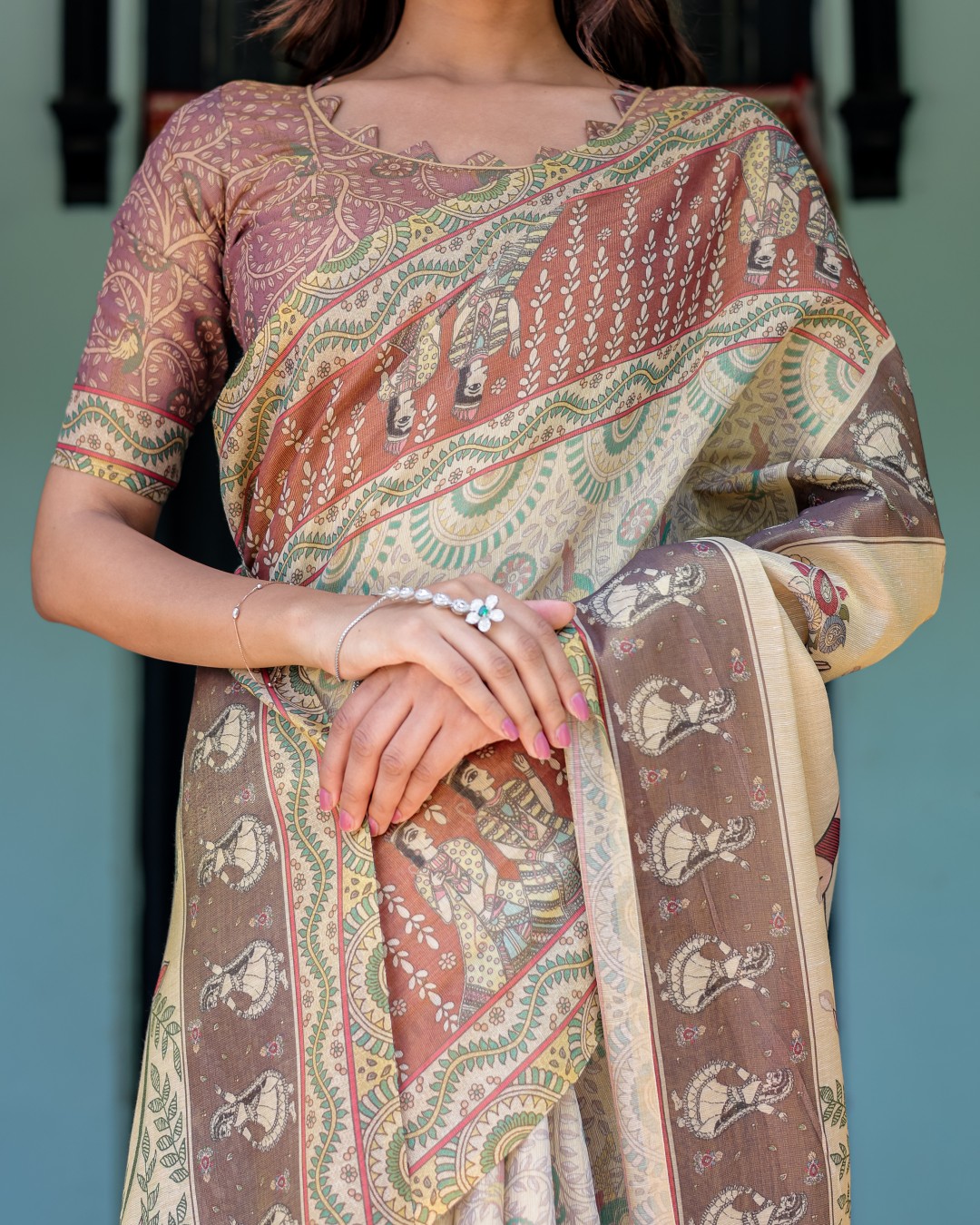 Handloom Cotton Saree with Floral Vine Print & Mythical Madhubani Cow Pallu(Pack of 1)