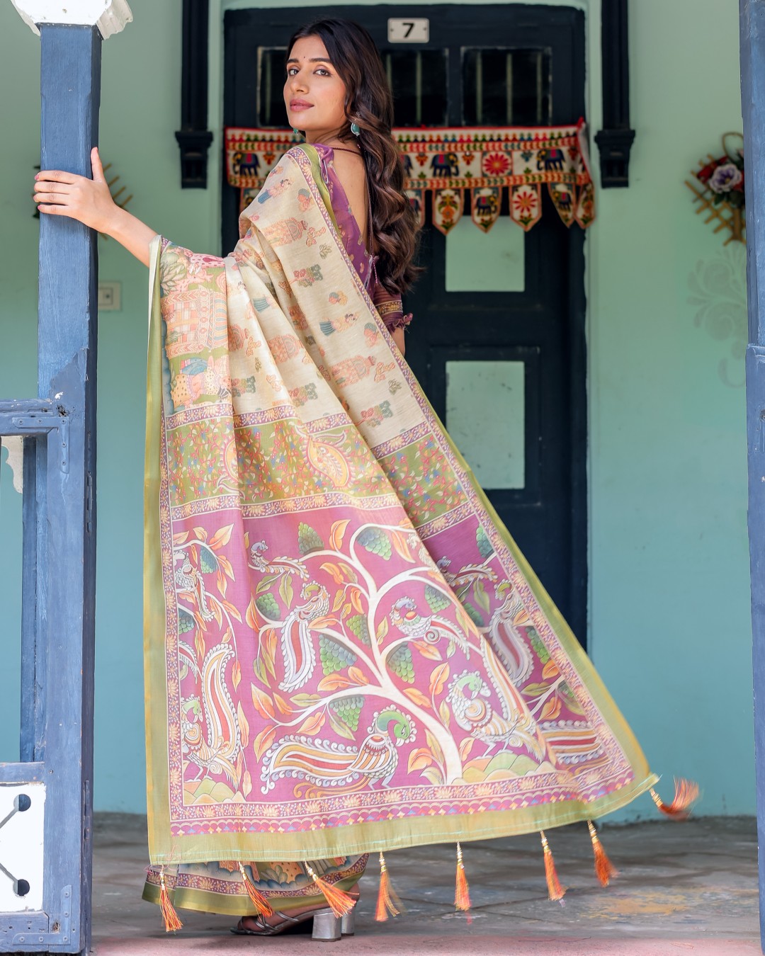 Handloom Cotton Saree with Cow Motifs & Temple Pallu Art(Pack of 1)