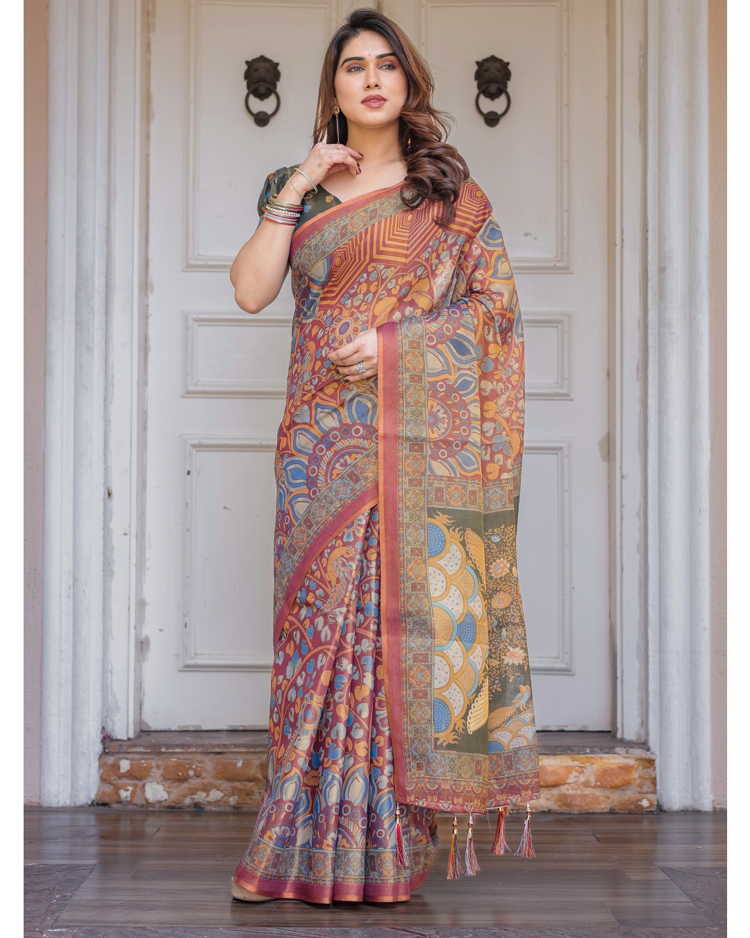 Handloom Cotton Saree with Mandala Pallu, Ornamental Border & Tassels – Traditional Festive Wear(Pack of 1)