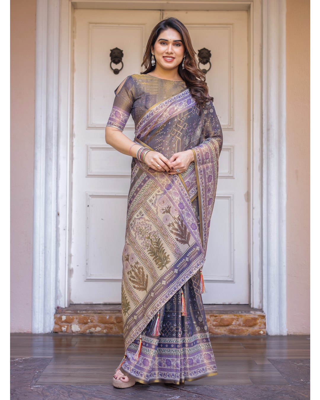 Handloom Cotton Saree with Mandala Pallu, Ornamental Border & Tassels – Traditional Festive Wear(Pack of 1)