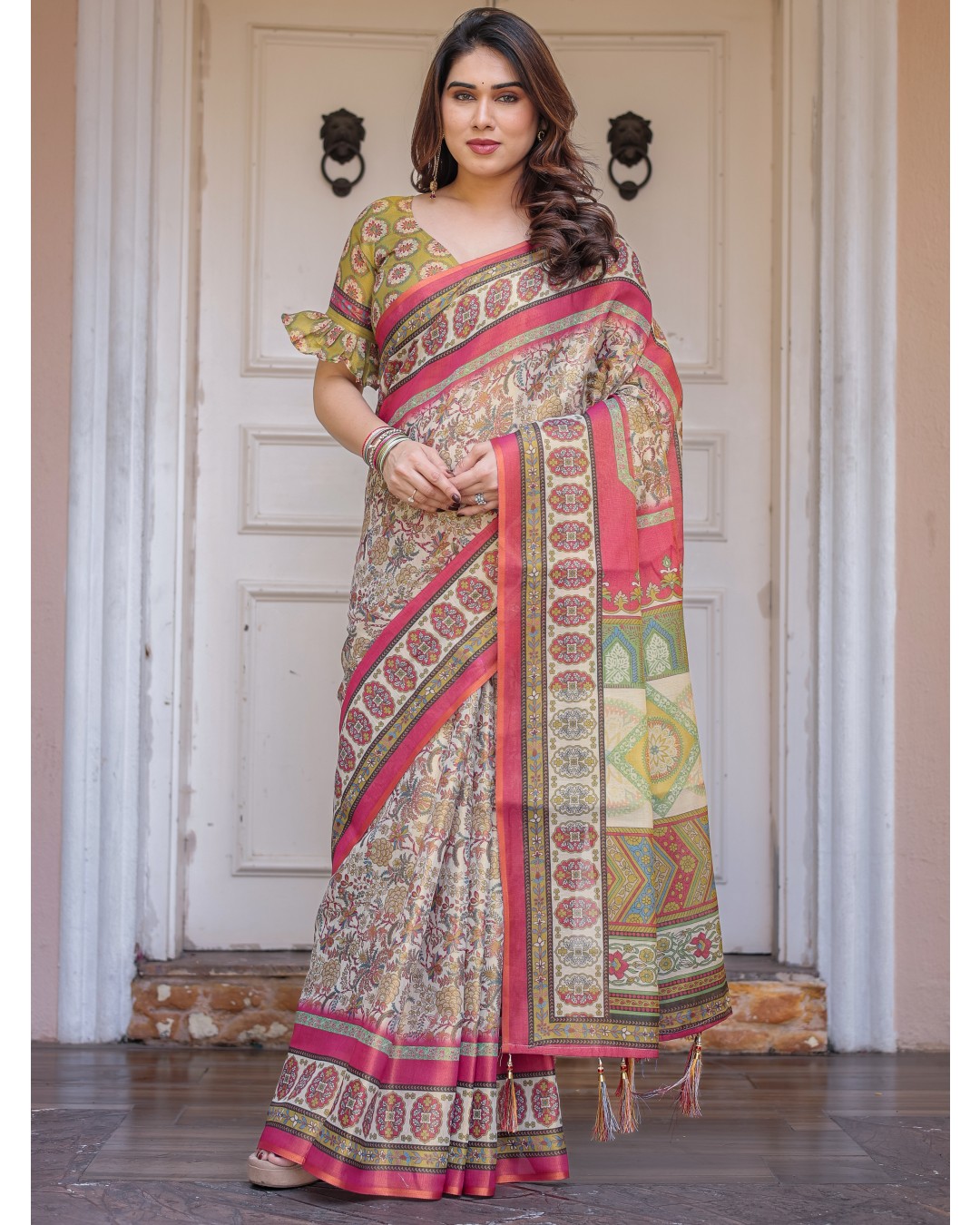 Handloom Cotton Saree with Mandala Pallu, Ornamental Border & Tassels – Traditional Festive Wear(Pack of 1)