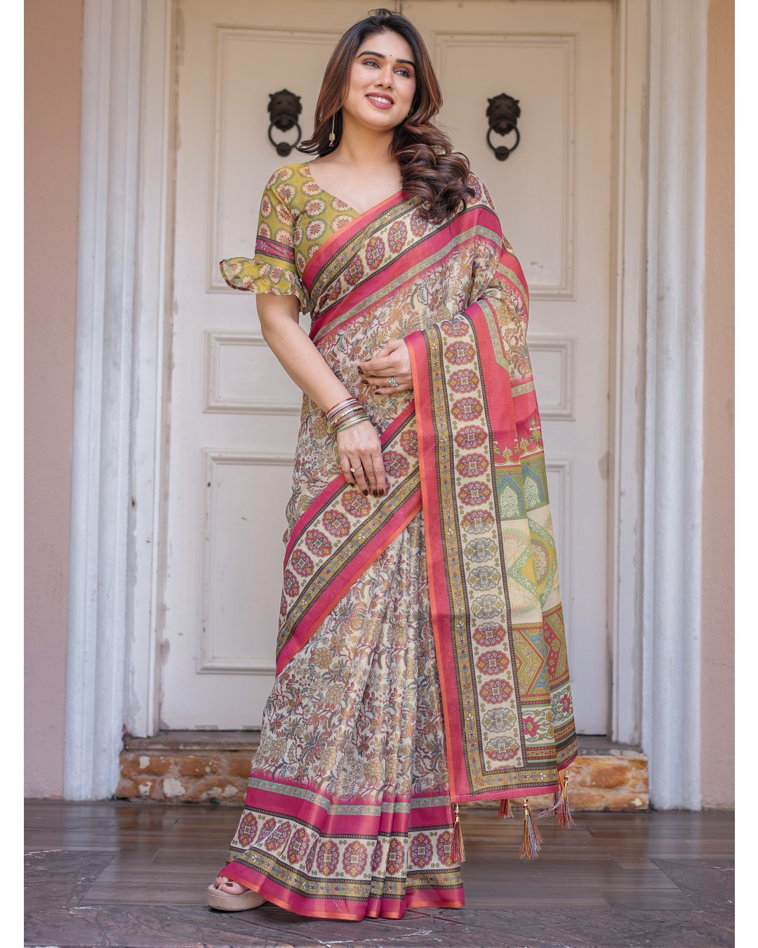 Handloom Cotton Saree with Mandala Pallu, Ornamental Border & Tassels – Traditional Festive Wear(Pack of 1)