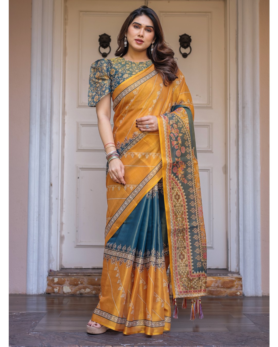 Handloom Cotton Saree with Mandala Pallu, Ornamental Border & Tassels – Traditional Festive Wear(Pack of 1)