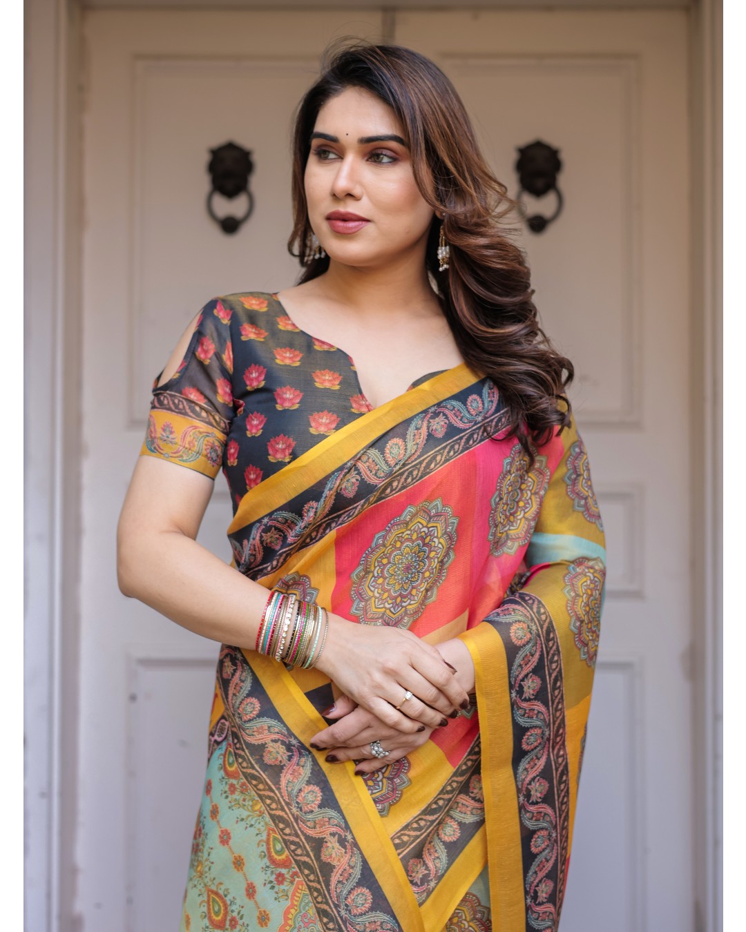 Handloom Cotton Saree with Mandala Pallu, Ornamental Border & Tassels – Traditional Festive Wear(Pack of 1)