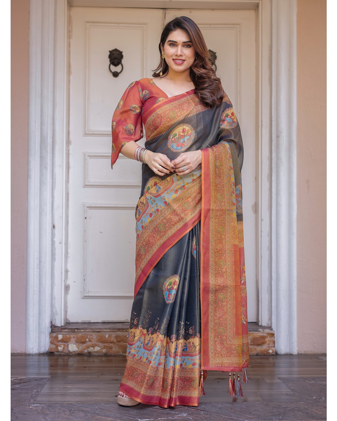Floral Paisley Printed Handloom Cotton Saree with Heritage Border & Tassels – Festive Ethnic Wear(Pack of 1)