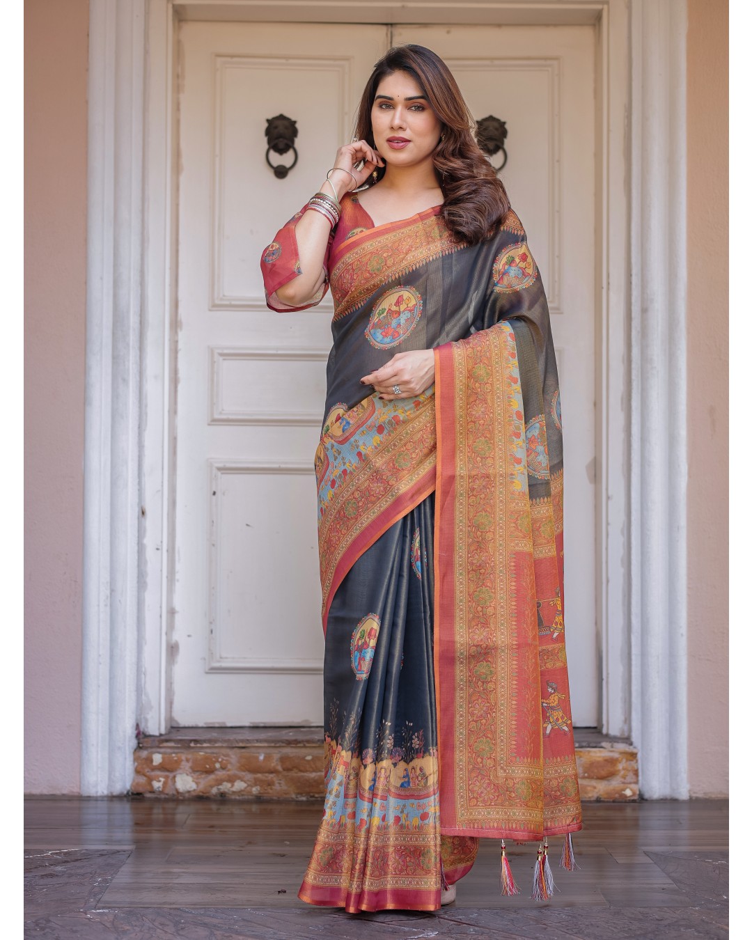 Floral Paisley Printed Handloom Cotton Saree with Heritage Border & Tassels – Festive Ethnic Wear(Pack of 1)