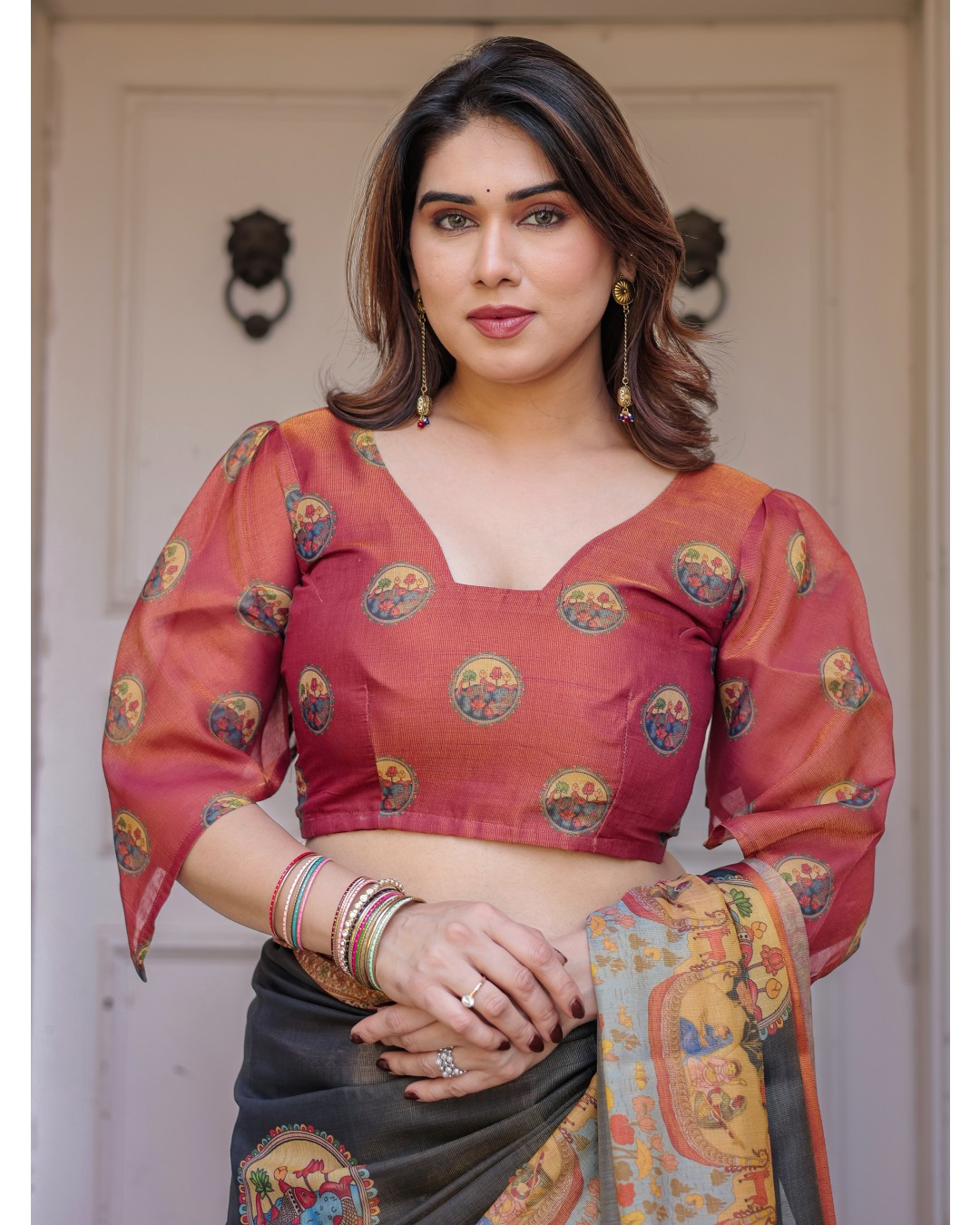 Floral Paisley Printed Handloom Cotton Saree with Heritage Border & Tassels – Festive Ethnic Wear(Pack of 1)