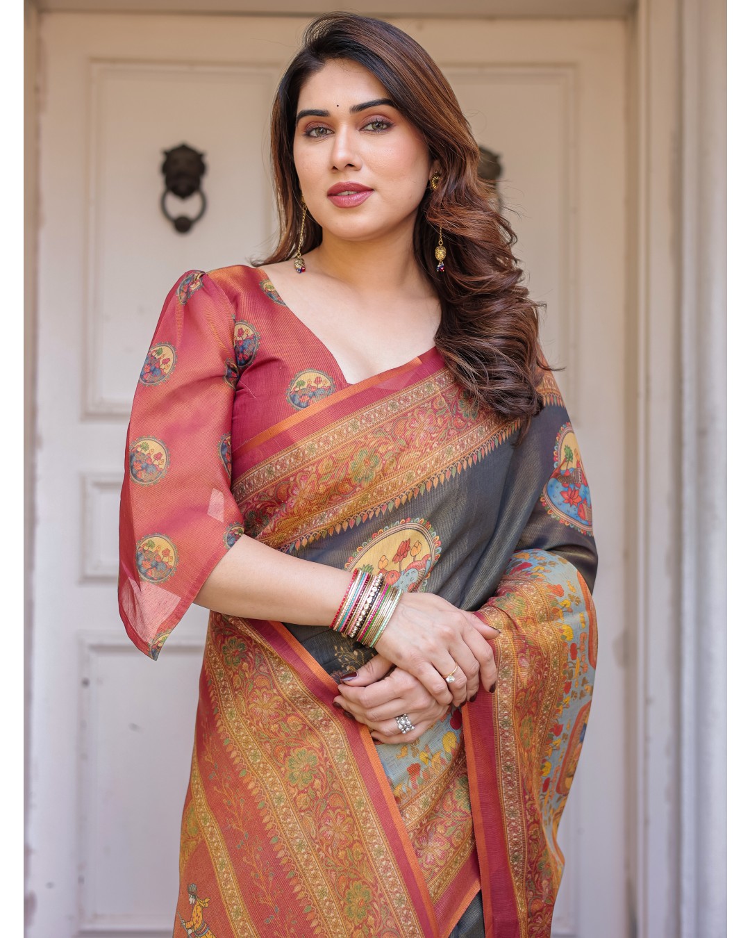 Floral Paisley Printed Handloom Cotton Saree with Heritage Border & Tassels – Festive Ethnic Wear(Pack of 1)