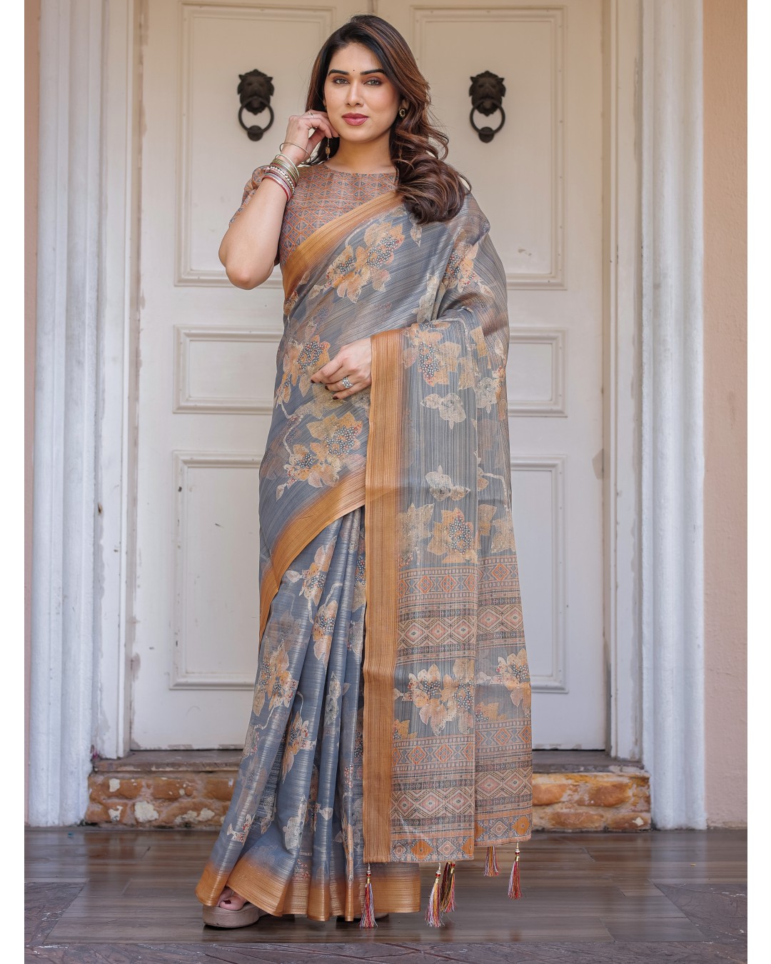 Floral Paisley Printed Handloom Cotton Saree with Heritage Border & Tassels – Festive Ethnic Wear(Pack of 1)