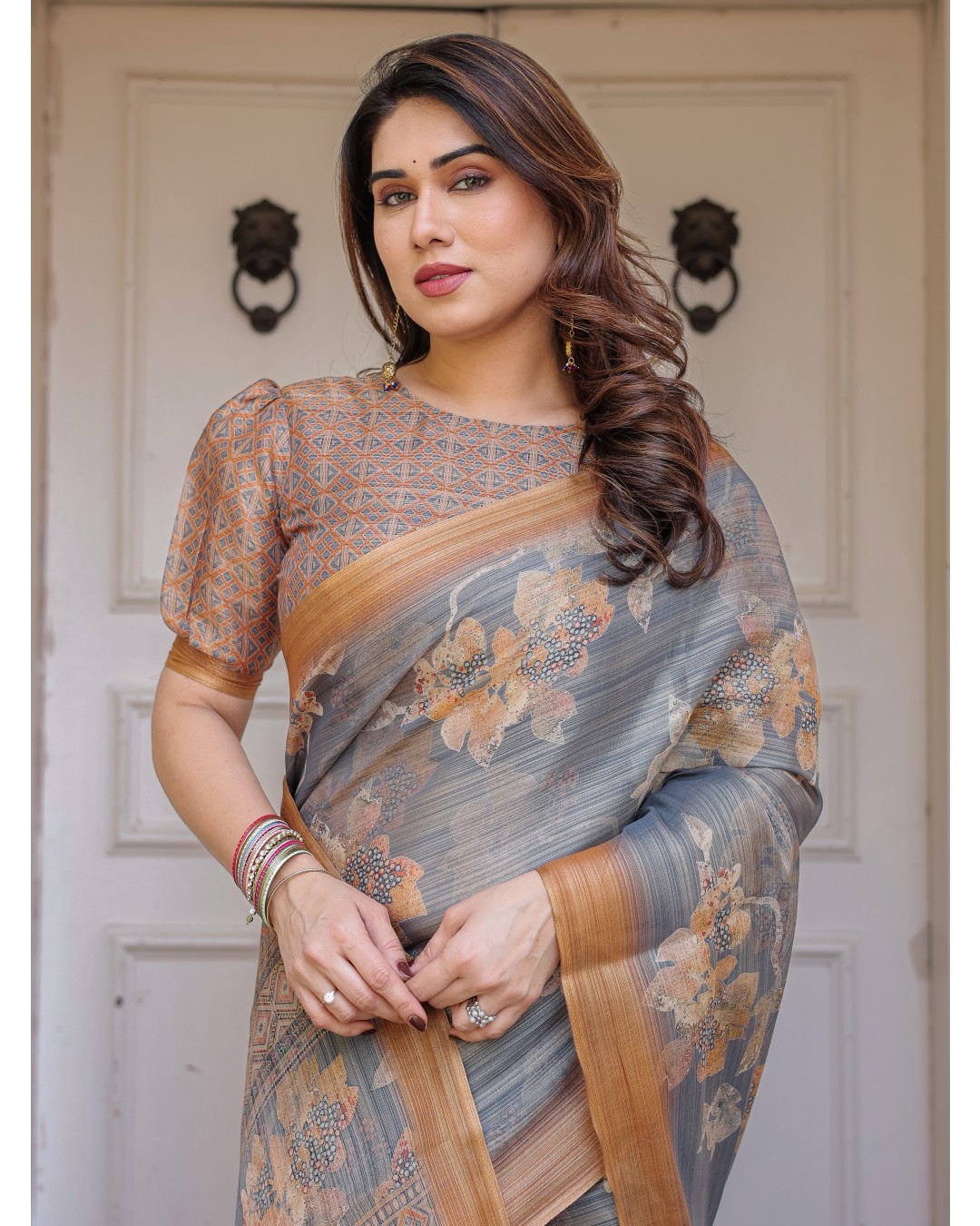 Floral Paisley Printed Handloom Cotton Saree with Heritage Border & Tassels – Festive Ethnic Wear(Pack of 1)