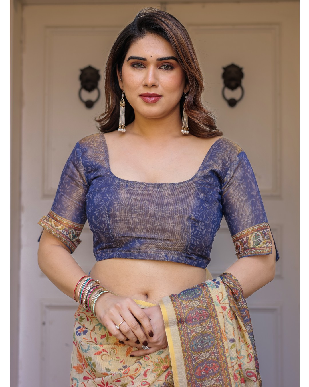 Floral Paisley Printed Handloom Cotton Saree with Heritage Border & Tassels – Festive Ethnic Wear(Pack of 1)