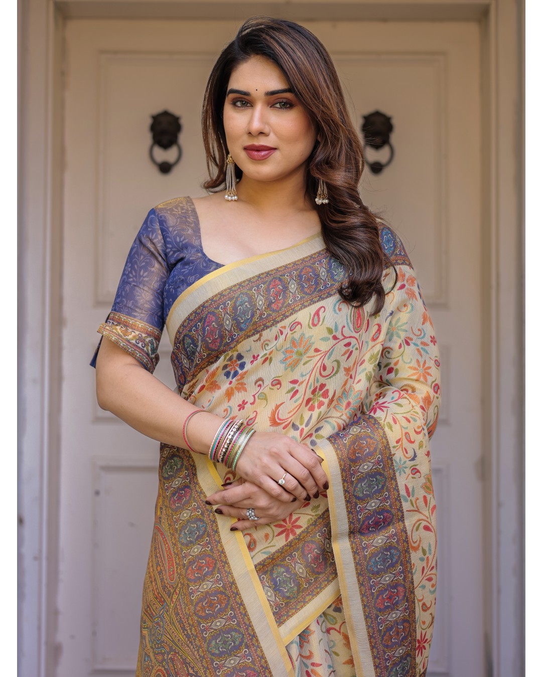 Floral Paisley Printed Handloom Cotton Saree with Heritage Border & Tassels – Festive Ethnic Wear(Pack of 1)