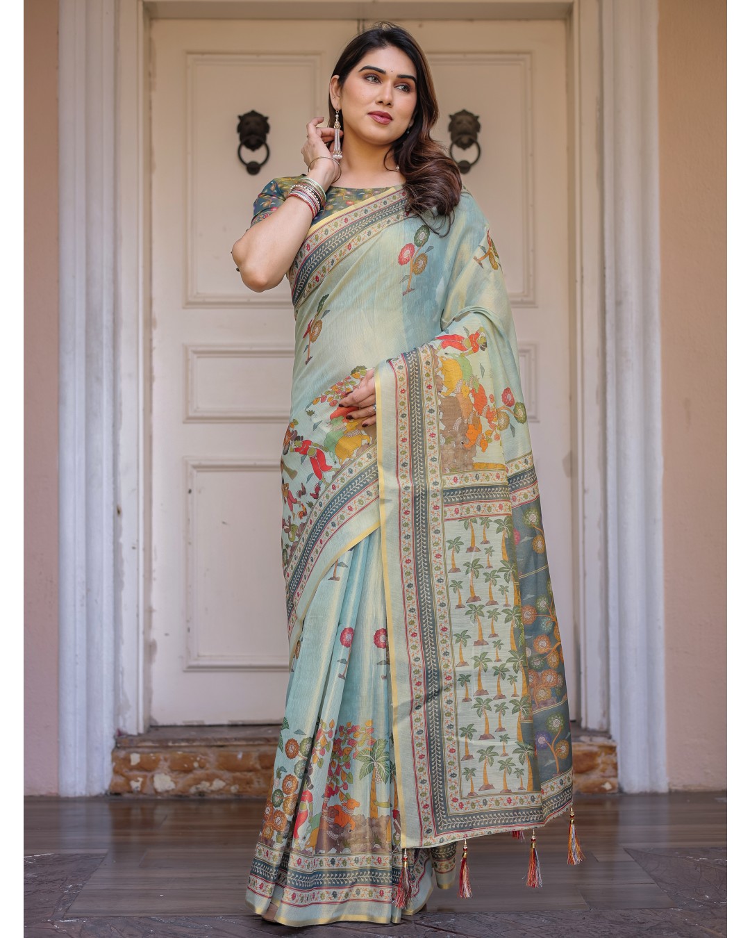 Floral Paisley Printed Handloom Cotton Saree with Heritage Border & Tassels – Festive Ethnic Wear(Pack of 1)