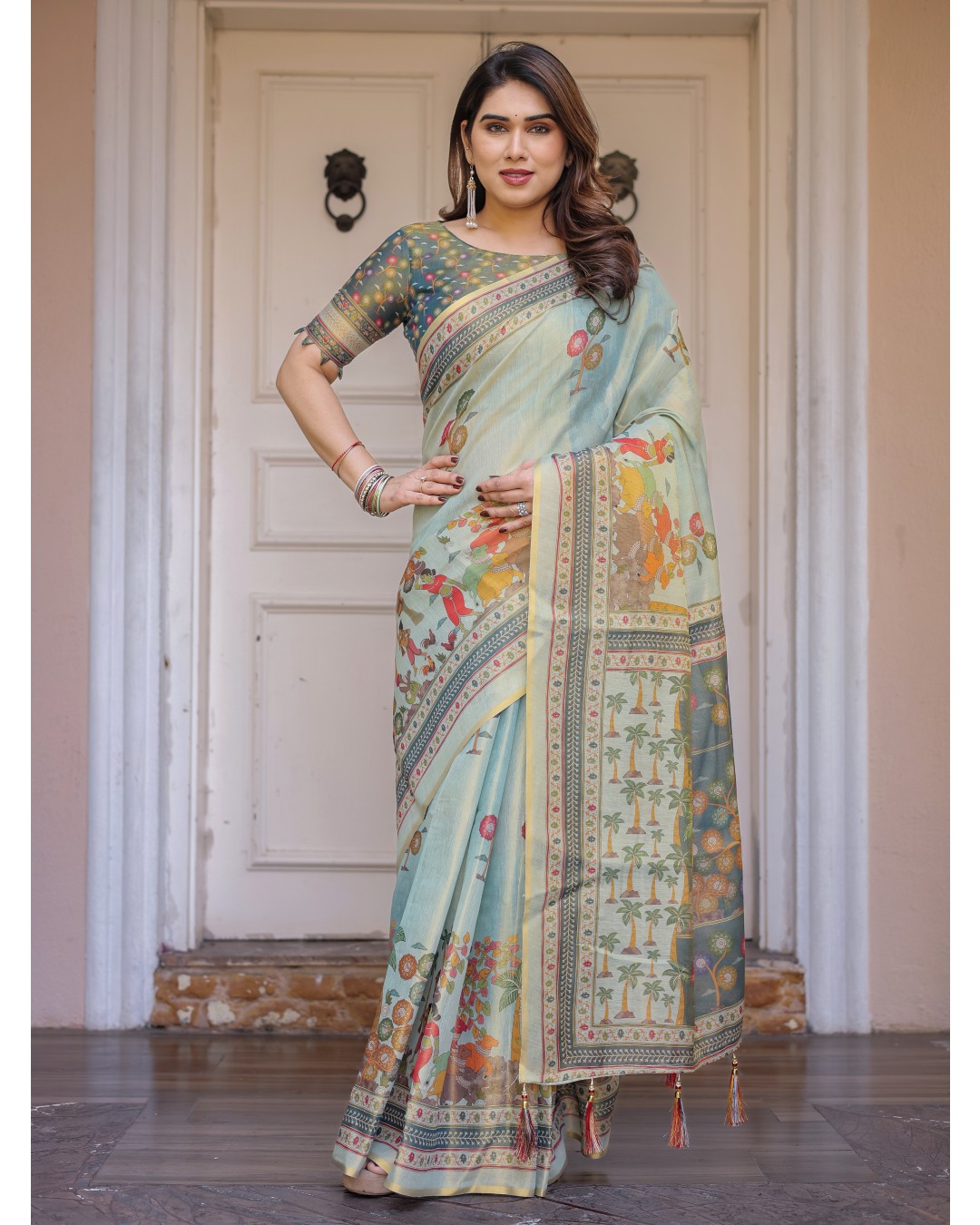 Floral Paisley Printed Handloom Cotton Saree with Heritage Border & Tassels – Festive Ethnic Wear(Pack of 1)