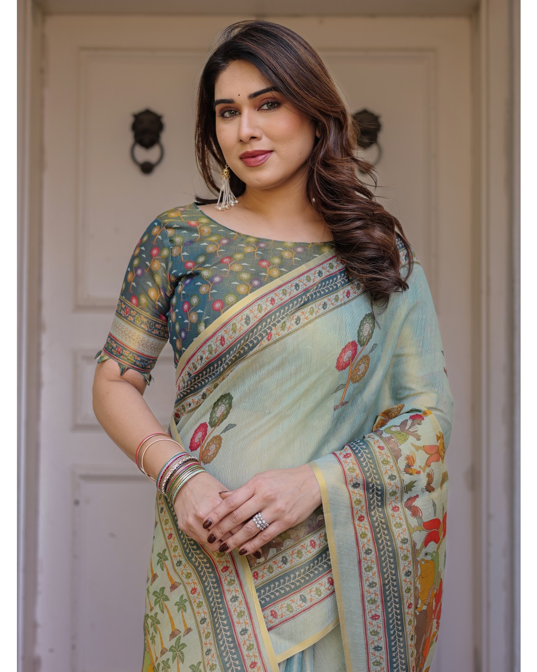 Floral Paisley Printed Handloom Cotton Saree with Heritage Border & Tassels – Festive Ethnic Wear(Pack of 1)