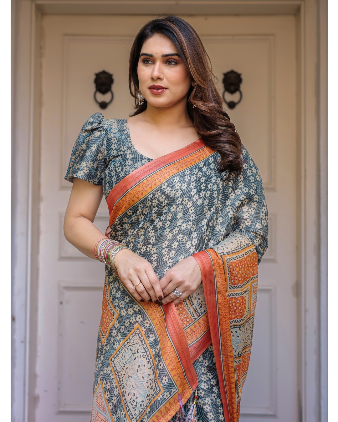 Scenic Landscape Printed Handloom Cotton Saree with Artistic Pallu & Tassels – Elegant Day Wear(Pack of 1)