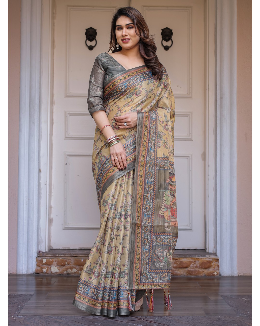 Scenic Landscape Printed Handloom Cotton Saree with Artistic Pallu & Tassels – Elegant Day Wear(Pack of 1)