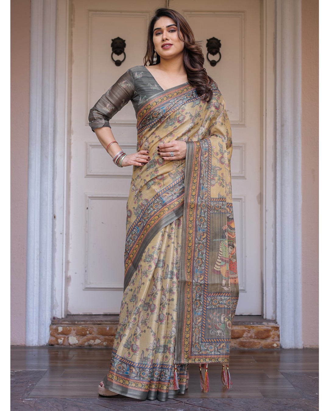 Scenic Landscape Printed Handloom Cotton Saree with Artistic Pallu & Tassels – Elegant Day Wear(Pack of 1)