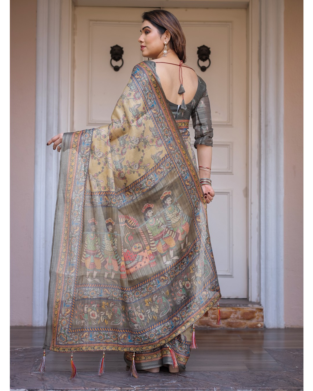 Scenic Landscape Printed Handloom Cotton Saree with Artistic Pallu & Tassels – Elegant Day Wear(Pack of 1)