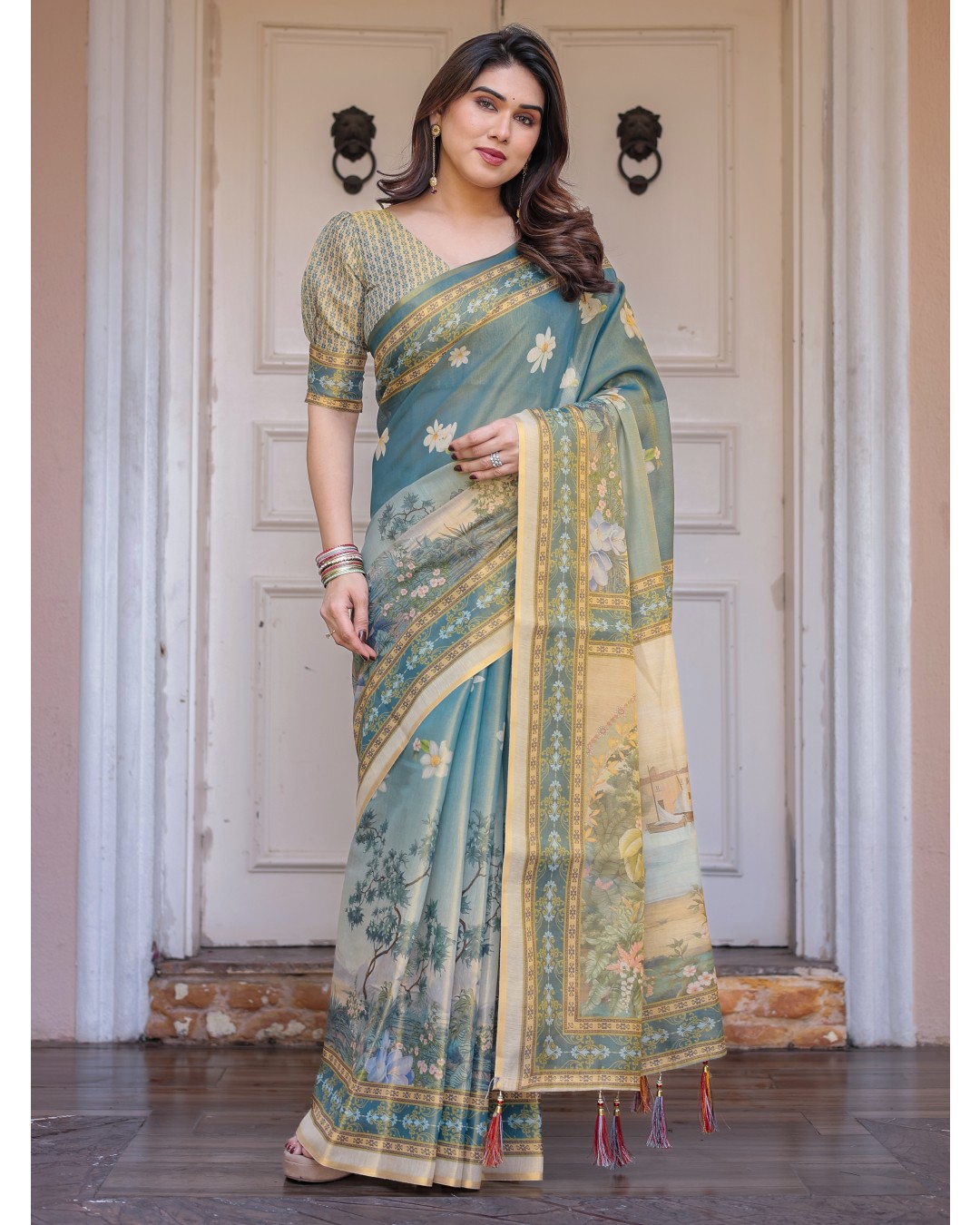 Scenic Landscape Printed Handloom Cotton Saree with Artistic Pallu & Tassels – Elegant Day Wear(Pack of 1)