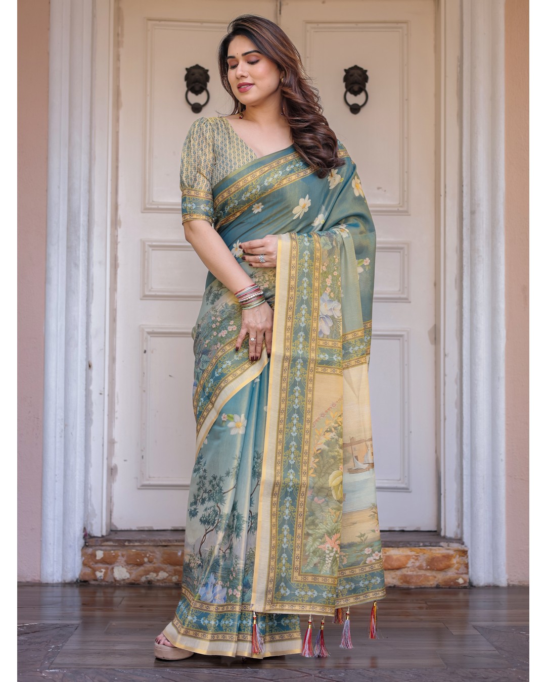 Scenic Landscape Printed Handloom Cotton Saree with Artistic Pallu & Tassels – Elegant Day Wear(Pack of 1)