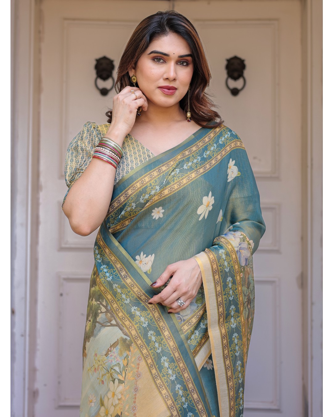 Scenic Landscape Printed Handloom Cotton Saree with Artistic Pallu & Tassels – Elegant Day Wear(Pack of 1)