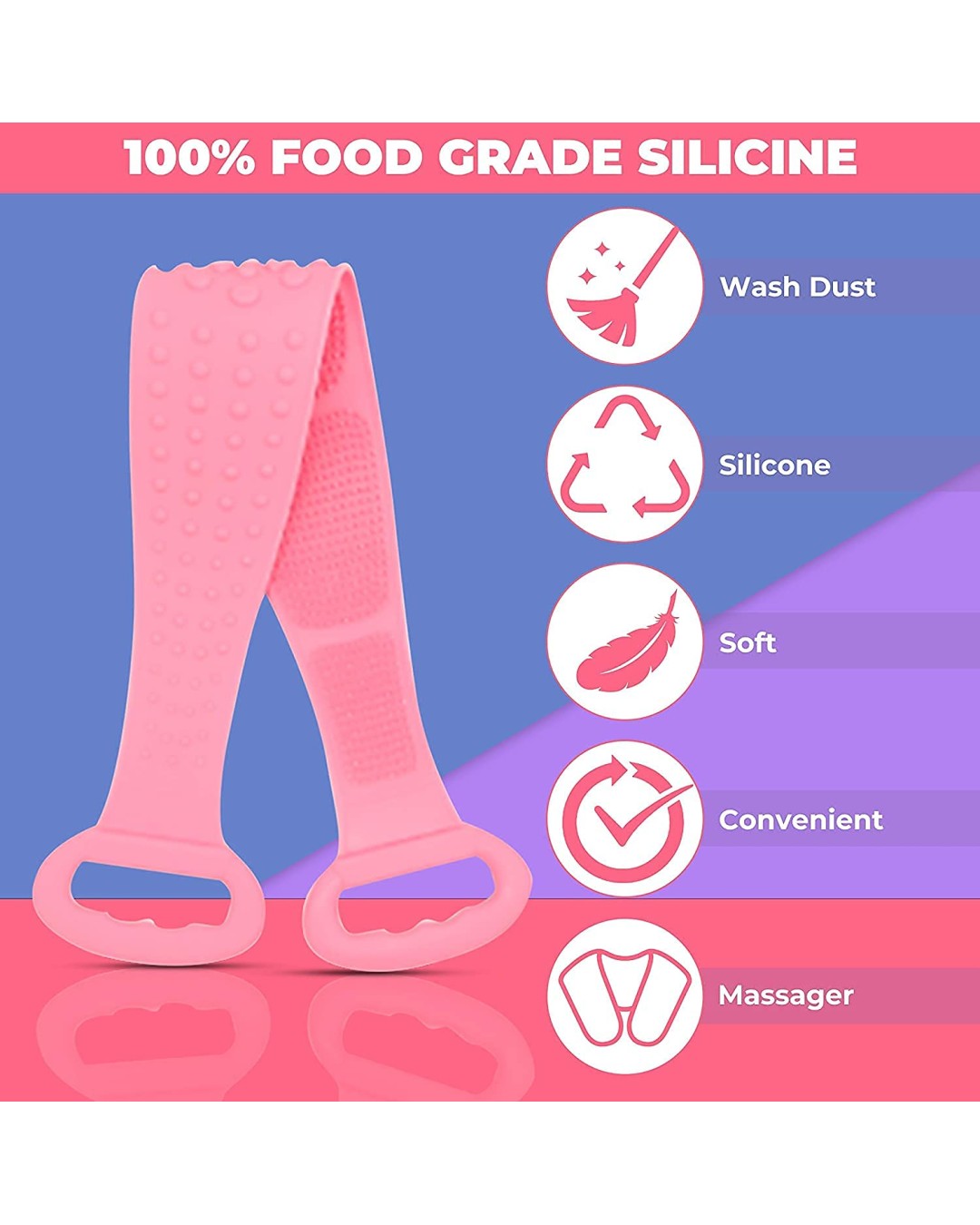 Silicone Back Scrubber | Long Handle Body Cleaning Brush | Soft & Flexible Bath Scrubber for Shower & Spa Use (Pack of 1)