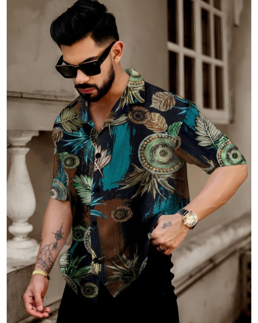 Men’s White Tropical Leaf Print Casual Shirt with Short Sleeves(Pack of 1)