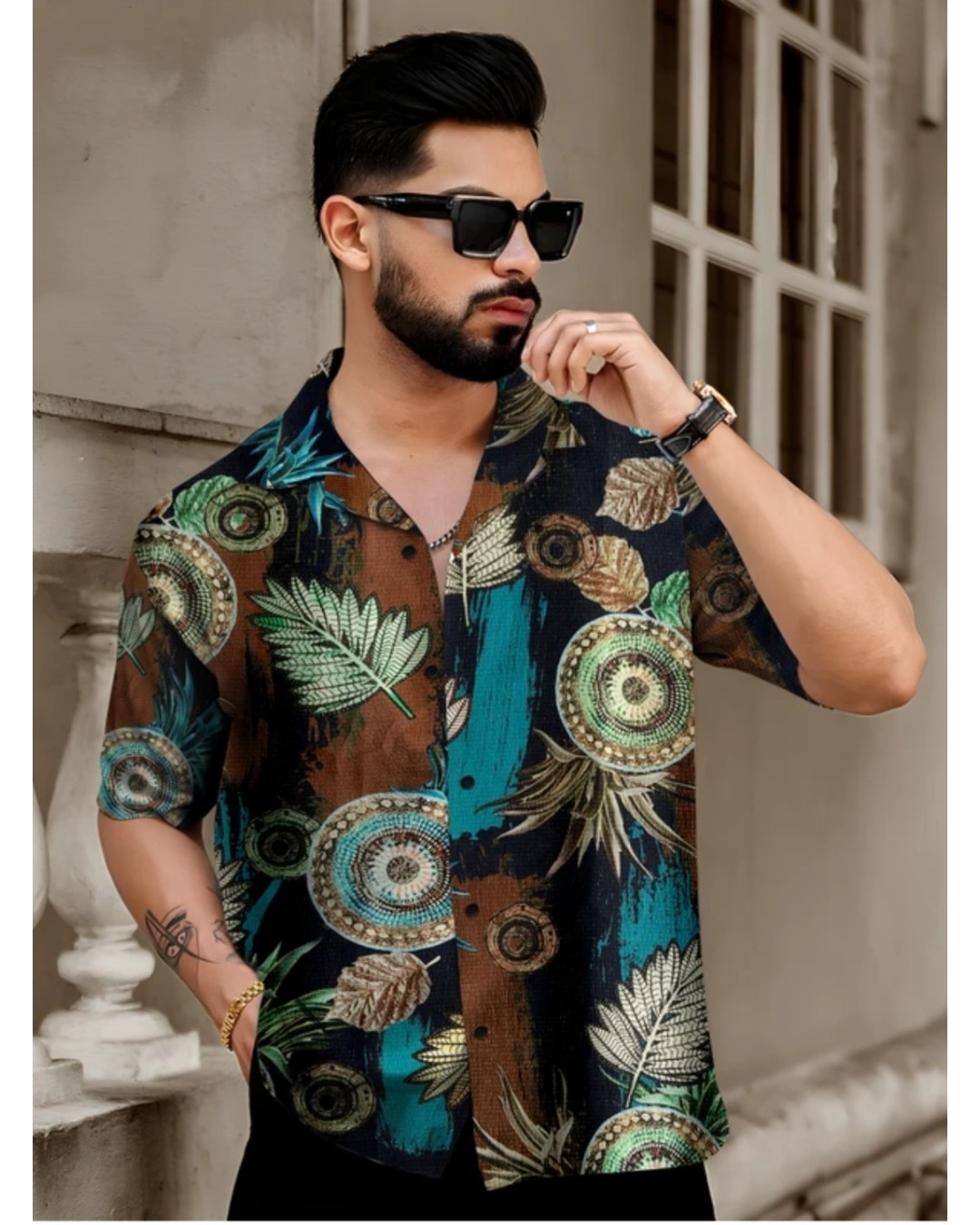 Men’s White Tropical Leaf Print Casual Shirt with Short Sleeves(Pack of 1)