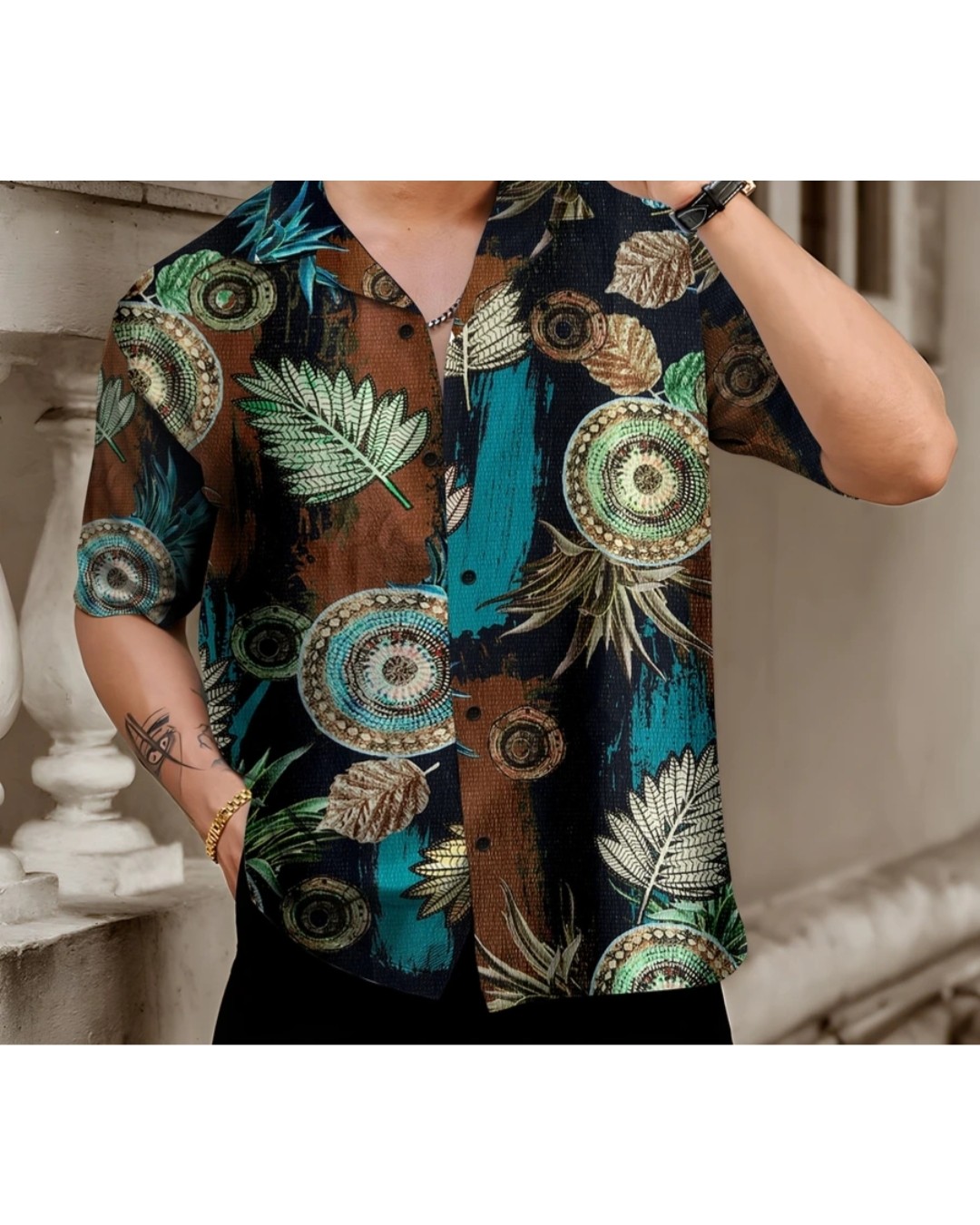 Men’s White Tropical Leaf Print Casual Shirt with Short Sleeves(Pack of 1)