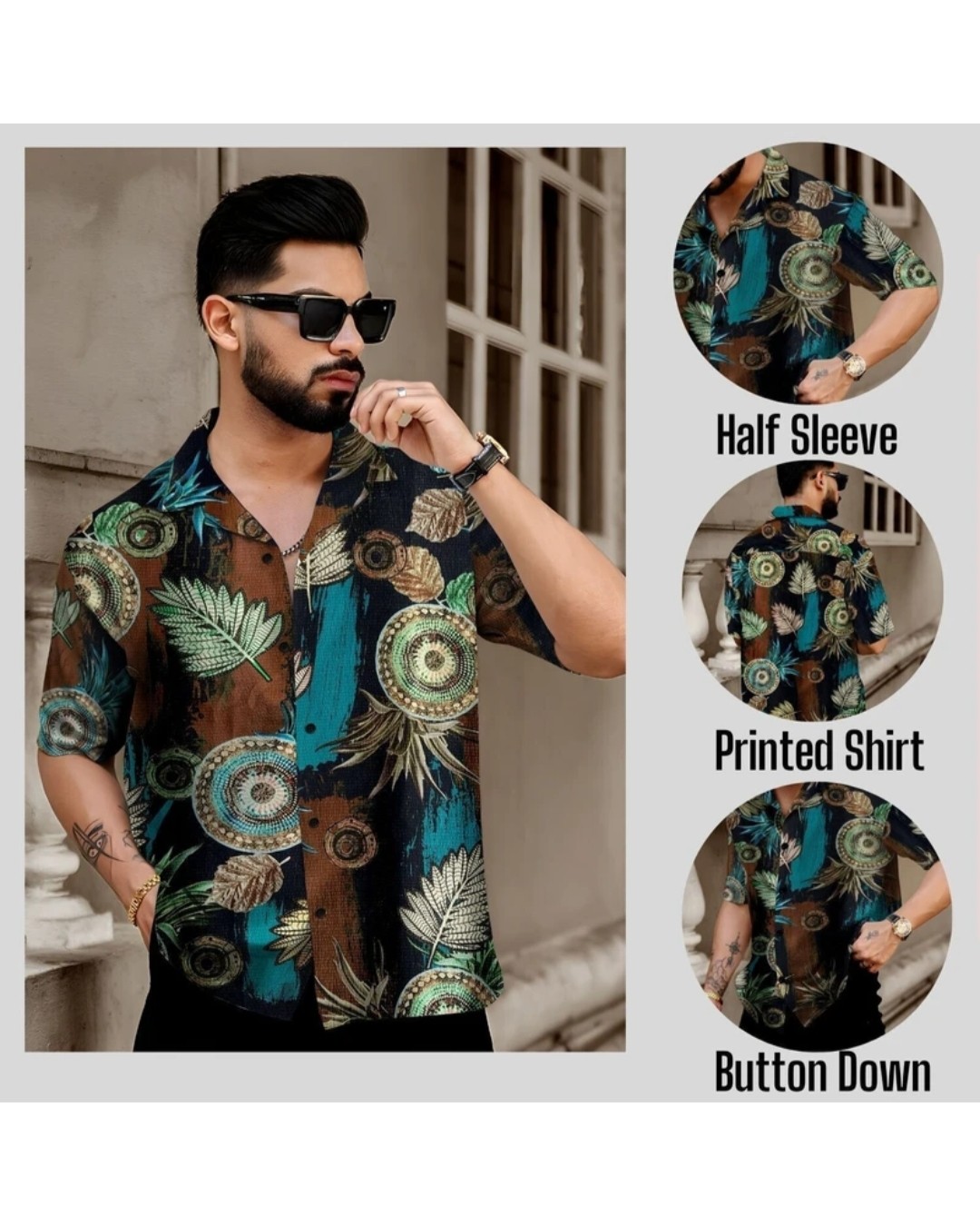 Men’s White Tropical Leaf Print Casual Shirt with Short Sleeves(Pack of 1)