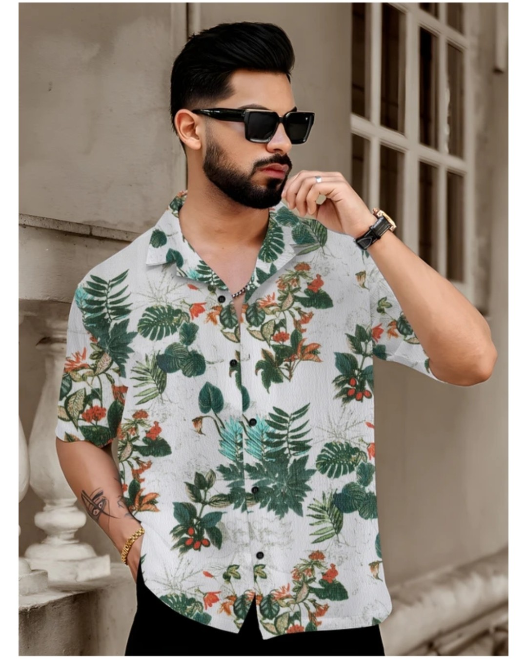 Men’s White Tropical Leaf Print Casual Shirt with Short Sleeves(Pack of 1)