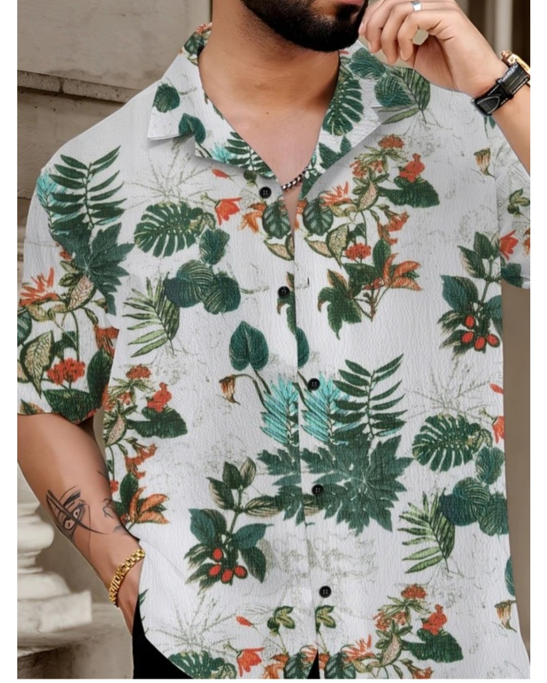 Men’s White Tropical Leaf Print Casual Shirt with Short Sleeves(Pack of 1)