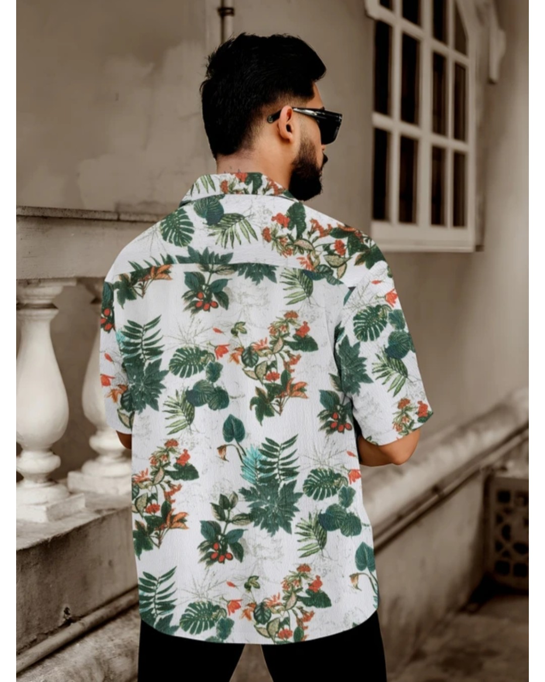 Men’s White Tropical Leaf Print Casual Shirt with Short Sleeves(Pack of 1)