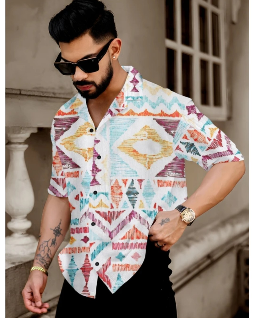 Men’s White Tropical Leaf Print Casual Shirt with Short Sleeves(Pack of 1)