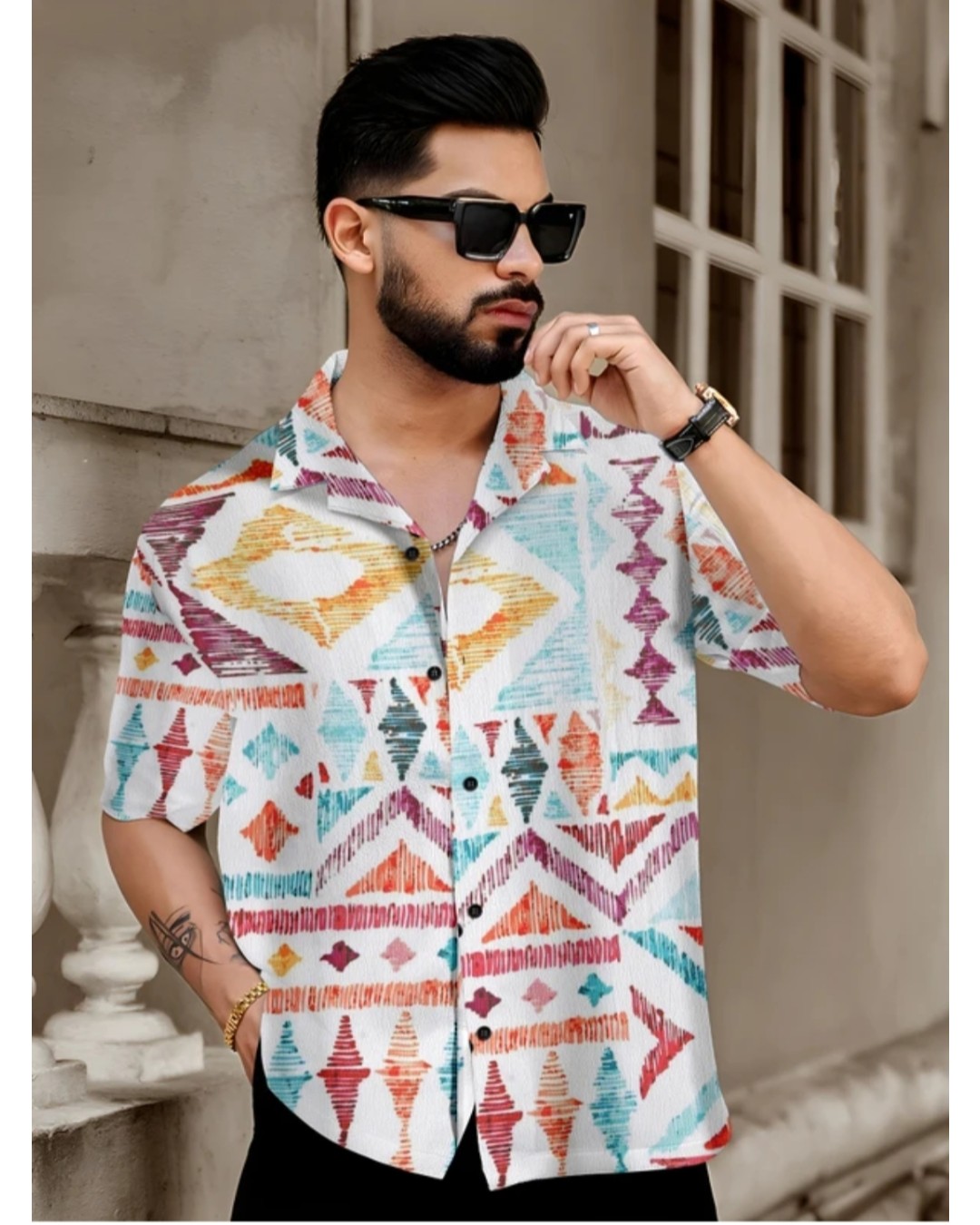 Men’s White Tropical Leaf Print Casual Shirt with Short Sleeves(Pack of 1)