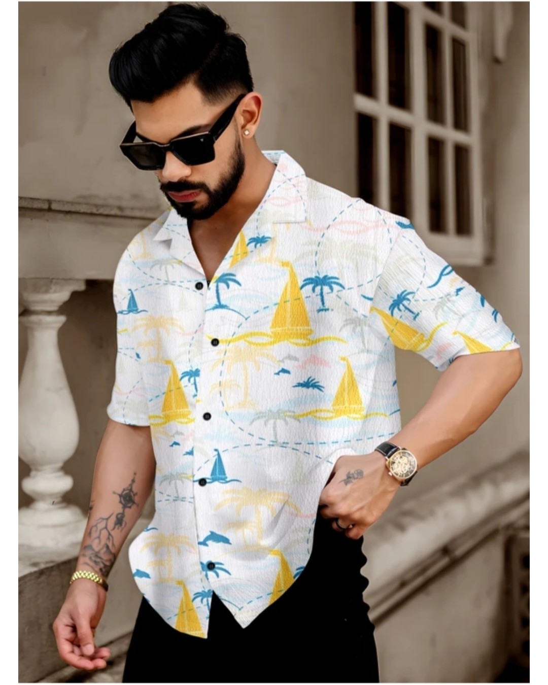 Men’s White Tropical Leaf Print Casual Shirt with Short Sleeves(Pack of 1)