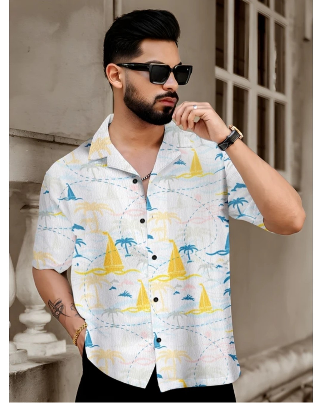 Men’s White Tropical Leaf Print Casual Shirt with Short Sleeves(Pack of 1)