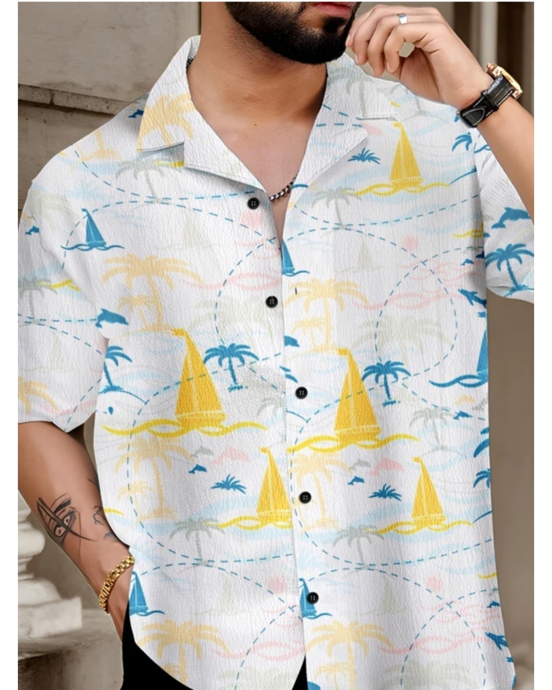 Men’s White Tropical Leaf Print Casual Shirt with Short Sleeves(Pack of 1)