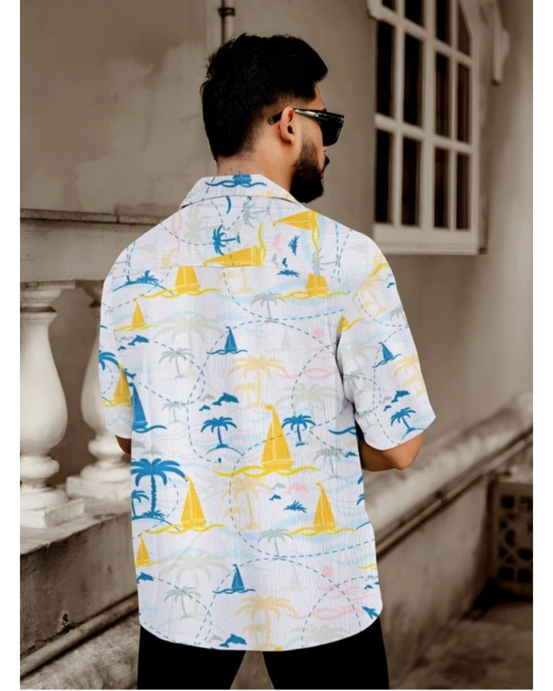 Men’s White Tropical Leaf Print Casual Shirt with Short Sleeves(Pack of 1)