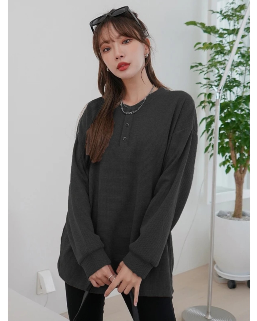 Women’s Oversized Waffle Knit Henley Top – Casual Full Sleeve Loose Fit T-Shirt(Pack of 1)