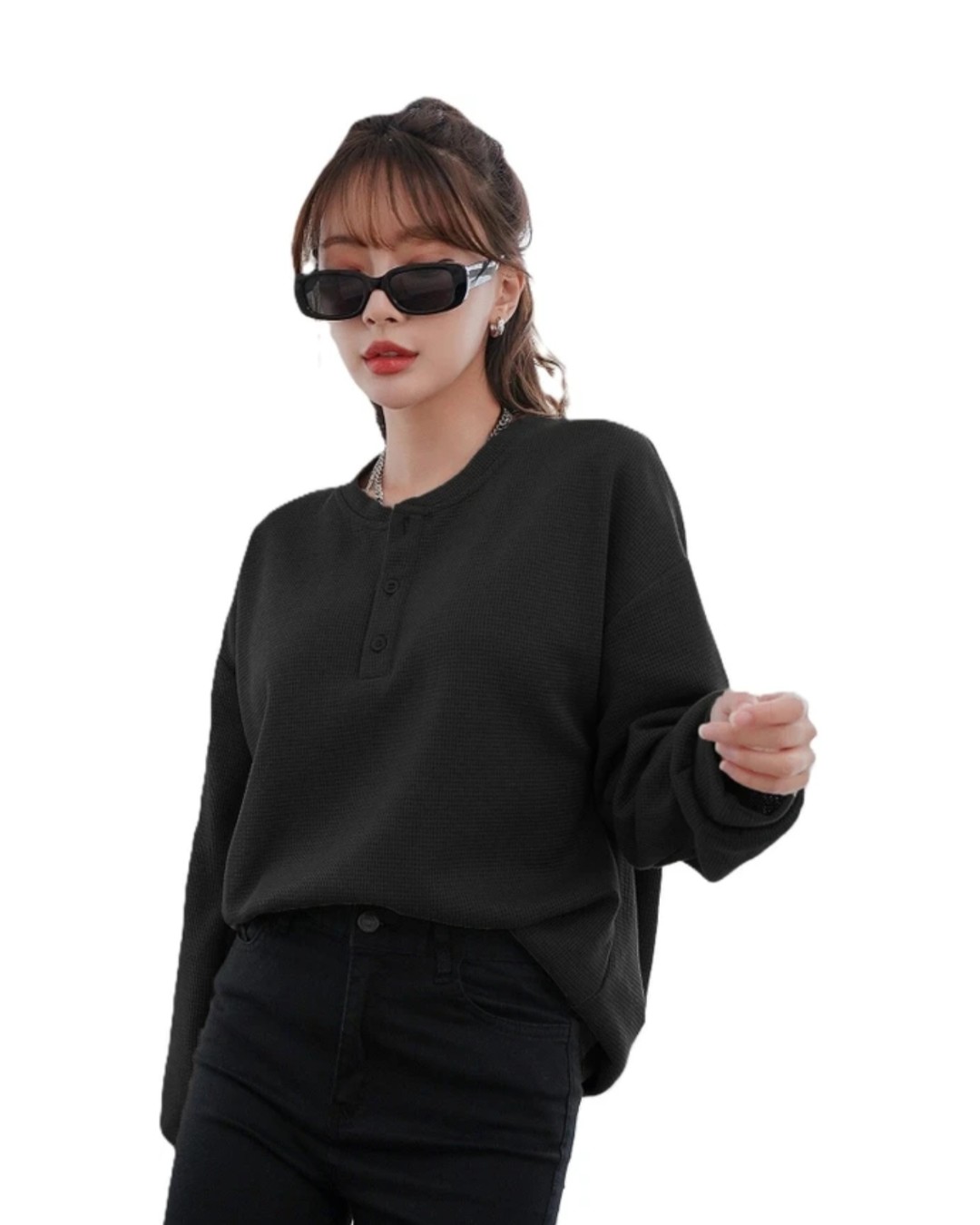 Women’s Oversized Waffle Knit Henley Top – Casual Full Sleeve Loose Fit T-Shirt(Pack of 1)