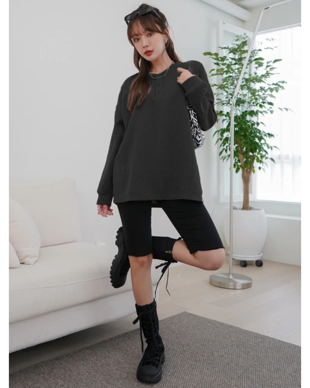 Women’s Oversized Waffle Knit Henley Top – Casual Full Sleeve Loose Fit T-Shirt(Pack of 1)