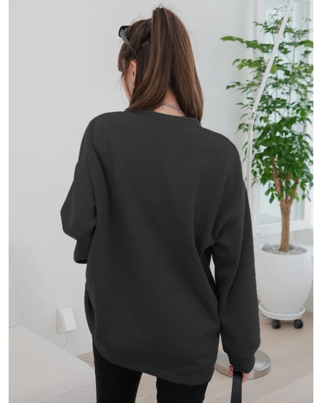 Women’s Oversized Waffle Knit Henley Top – Casual Full Sleeve Loose Fit T-Shirt(Pack of 1)