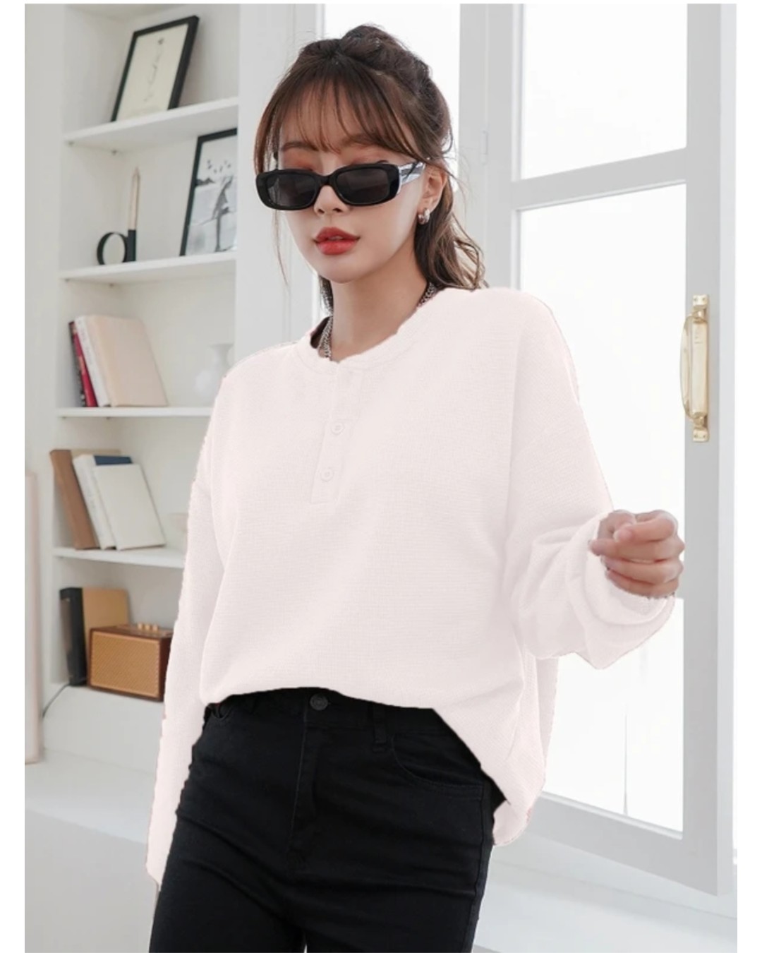 Women’s Oversized Waffle Knit Henley Top – Casual Full Sleeve Loose Fit T-Shirt(Pack of 1)