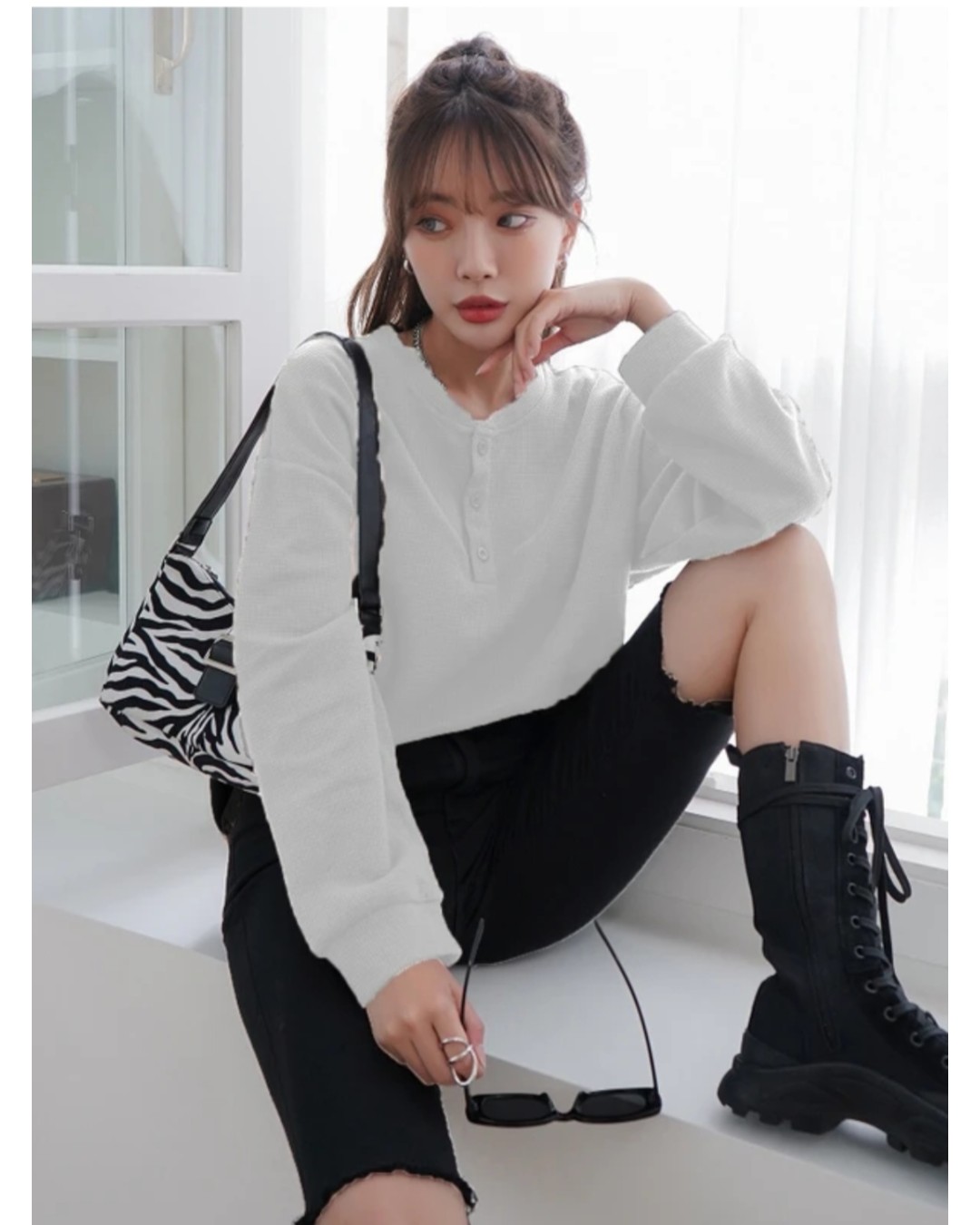 Women’s Oversized Waffle Knit Henley Top – Casual Full Sleeve Loose Fit T-Shirt(Pack of 1)