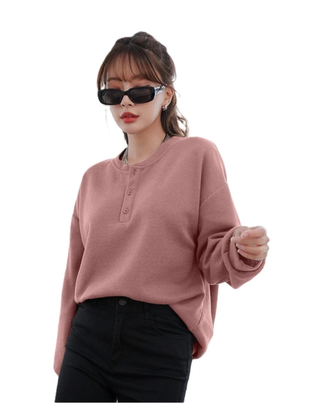 Women’s Oversized Waffle Knit Henley Top – Casual Full Sleeve Loose Fit T-Shirt(Pack of 1)